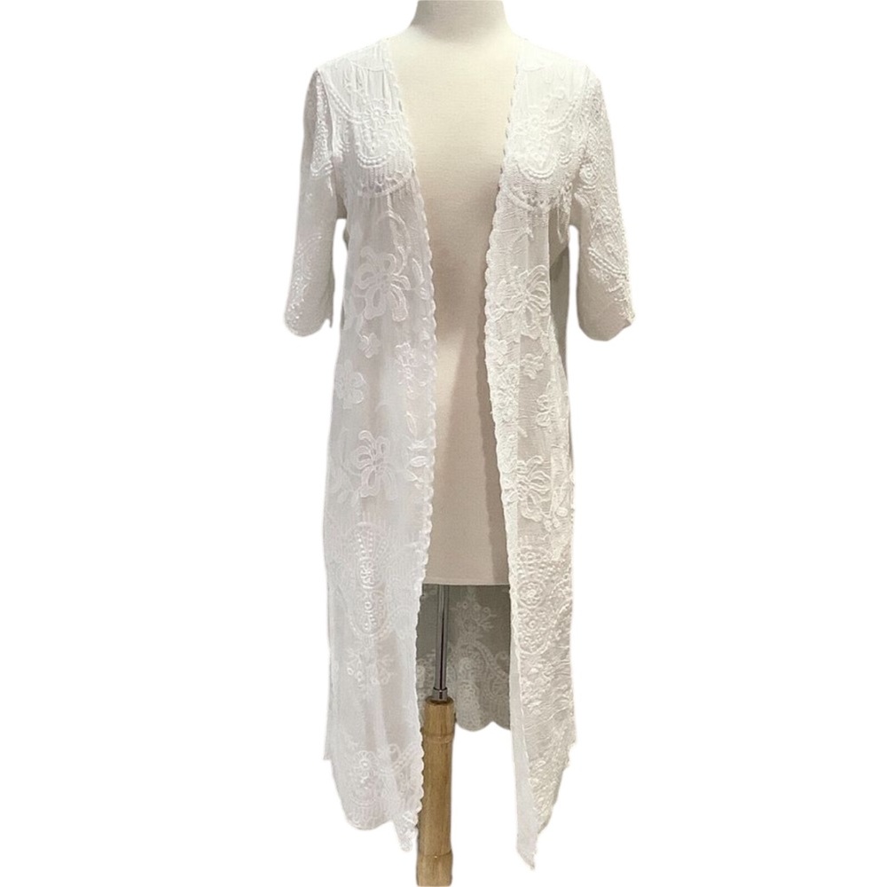 Kindred White Embroidered Floral Open Front Kimono Duster Sz L Beach Casual - Picture 3 of 13